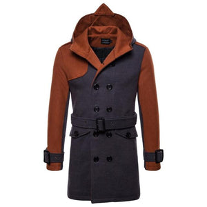 Men's Double-breasted Hooded Mid-length Wool Coat