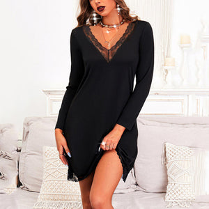 Women Lace Black Sexy V-neck Dresses