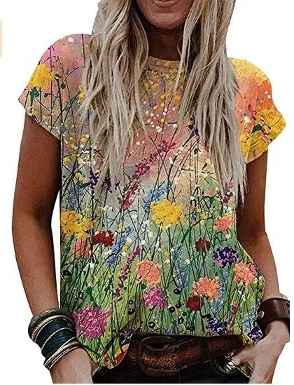 Women 3D Floral Print O-Neck T Shirt