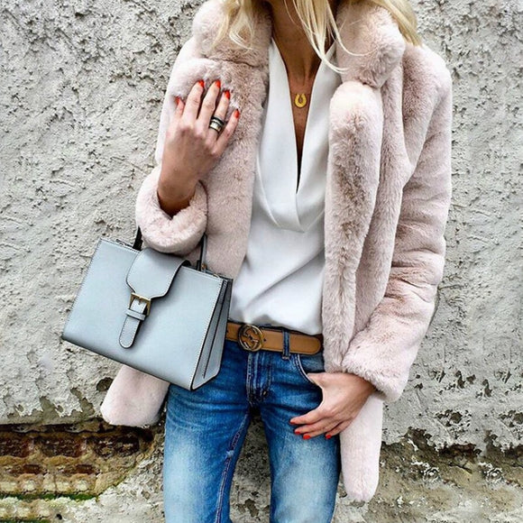 Women's Solid Color Long-sleeved Lapel Fluffy Coat