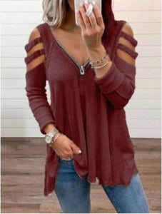 Women V Neck Hollow out Solid Top