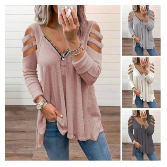 Women V Neck Hollow out Solid Top