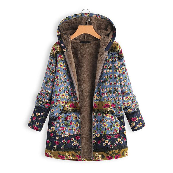 Women Flower Print Hooded Quilted Coats