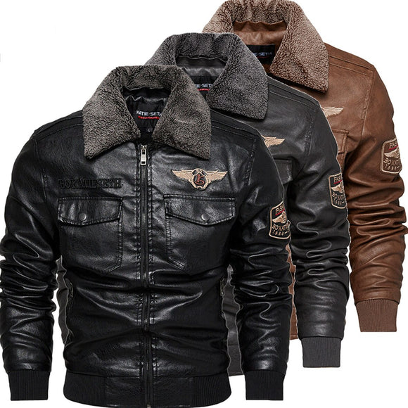 Men Casual Fleece PU Leather Jacket