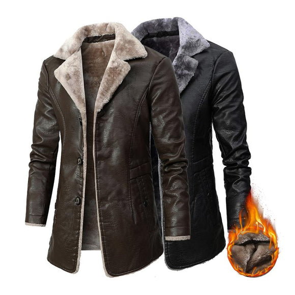 Men Long Fleece Leather Jacket Winter