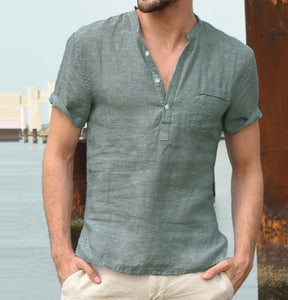 Men's Casual Linen Cotton Henley Shirt
