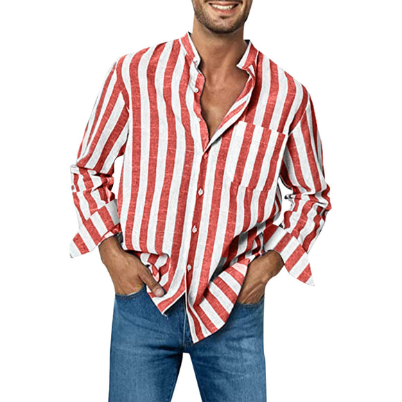 Mens Fashion Casual Striped Linen Shirt