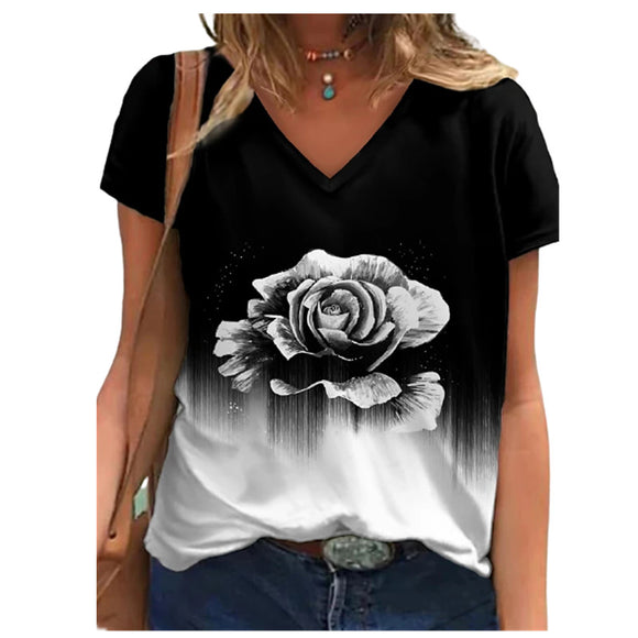 New Women 3D Flower Print T Shirt