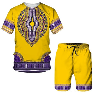 Men Summer 3D African Print Casual Shorts Suits