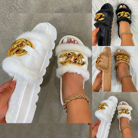 Women Fashion Open Toe Plush Slippers
