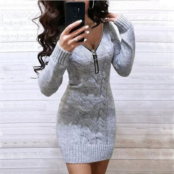 Women Zipper V-neck Slim Mini Dresses Sweater