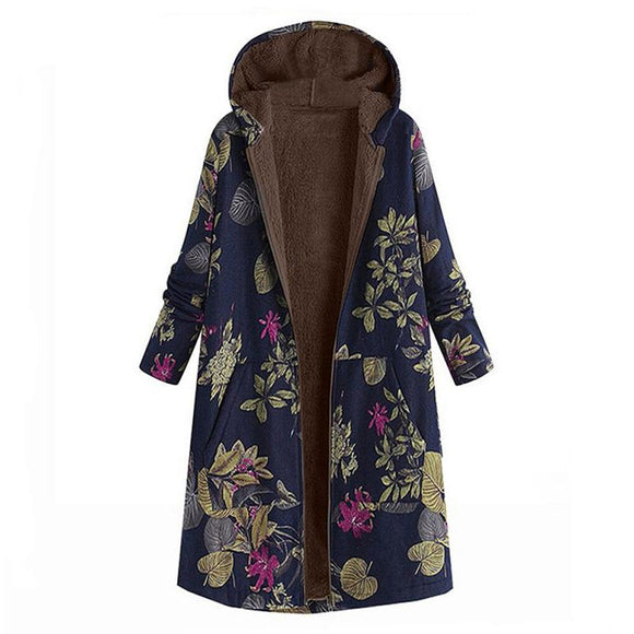 Women Vintage Print Hooded Quilted Coats
