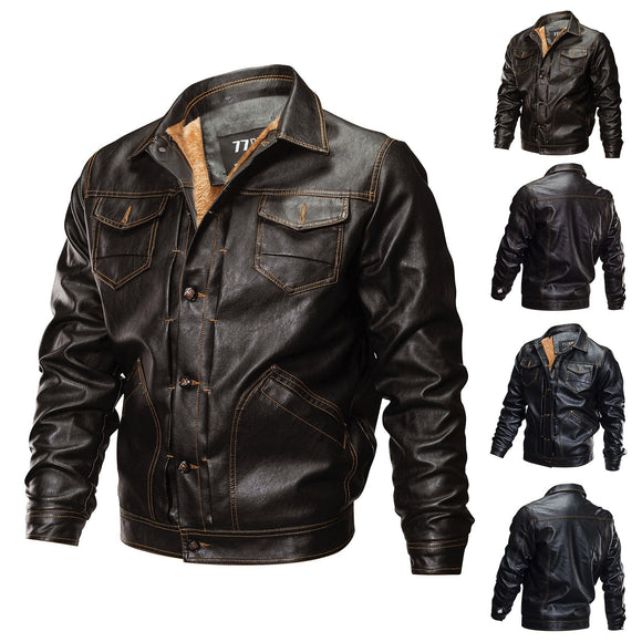 Men Warm Thick Fleece Leather Jacket