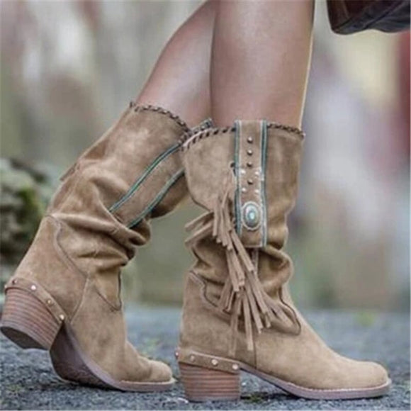 Women Fringe Suede Square Heel Boots