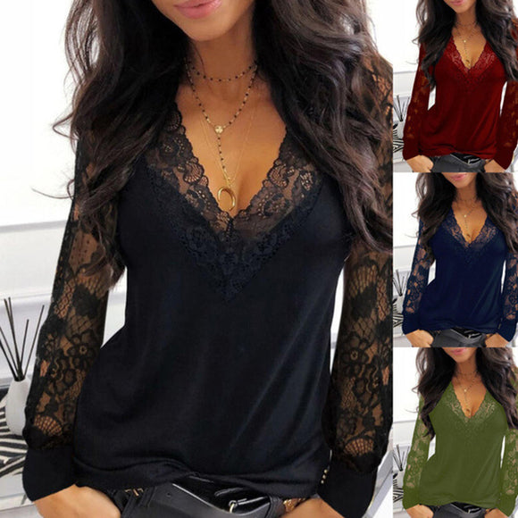 Women Sexy Patchwork Lace V-Neck Top