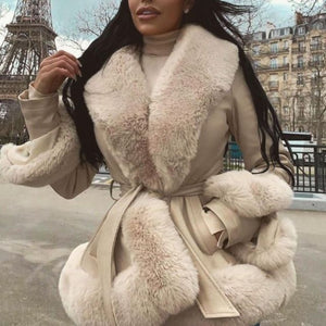 Women Faux Fur Lapel Collar Warm Coat