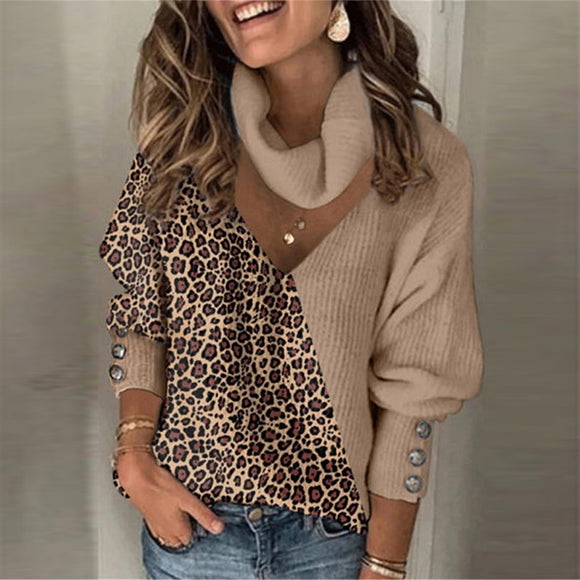 Women Knitted Leopard Patchwork Turtleneck Sweaters