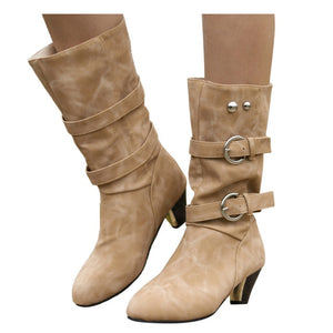 Women's Vintage Buckle Round Toe high Heel Boots